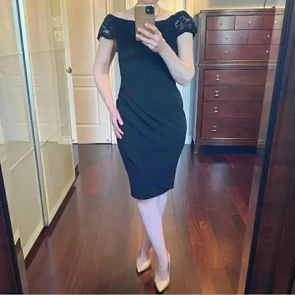 Le Chateau Black Cocktail Dress Off Shoulder Bardot Lace Bodice Formal LBD XS - Picture 4 of 16